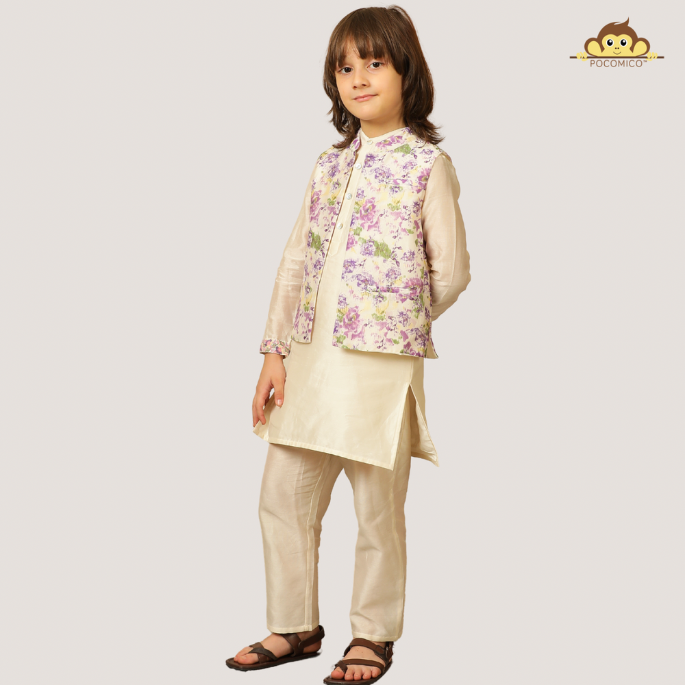 
                  
                    Elegant and festive, ivory chanderi kurta set for boys features delicate digital prints paired with matching embroidery on the sleeves
                  
                