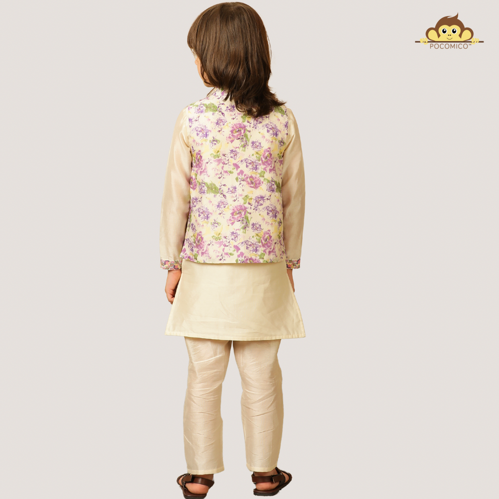 
                  
                    Elegant and festive, ivory chanderi kurta set for boys features delicate digital prints paired with matching embroidery on the sleeves
                  
                