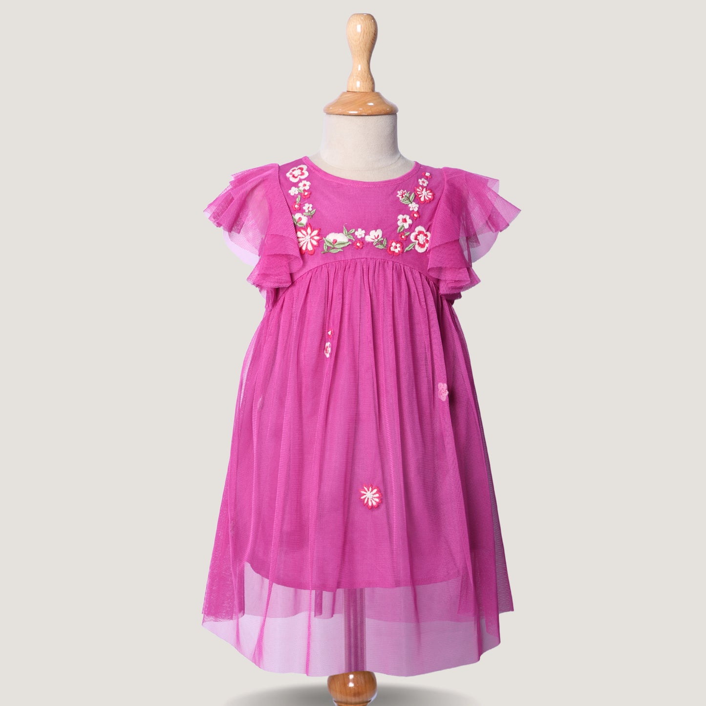 pink + dress + ruffle + organza + mesh + lining + cotton + girl + kids + party + formal + birthday + fun + a line + soft + lavender + rainbow + POCOMICO + embroidery + hot pink