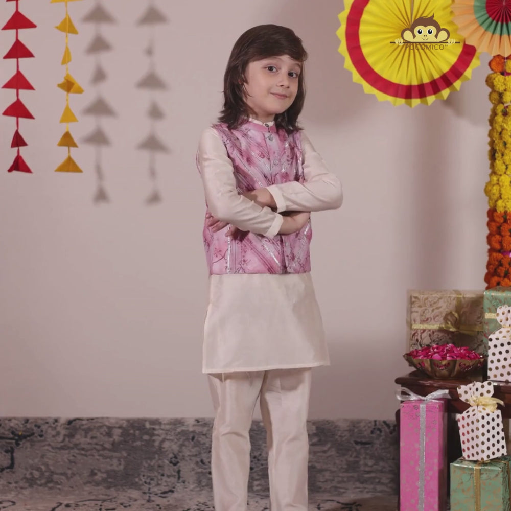
                  
                    Load and play video in Gallery viewer, naksh_kurta_and_jacket_traditional_indian_wear_pink_beige_red_boy_kids_ethnic
                  
                