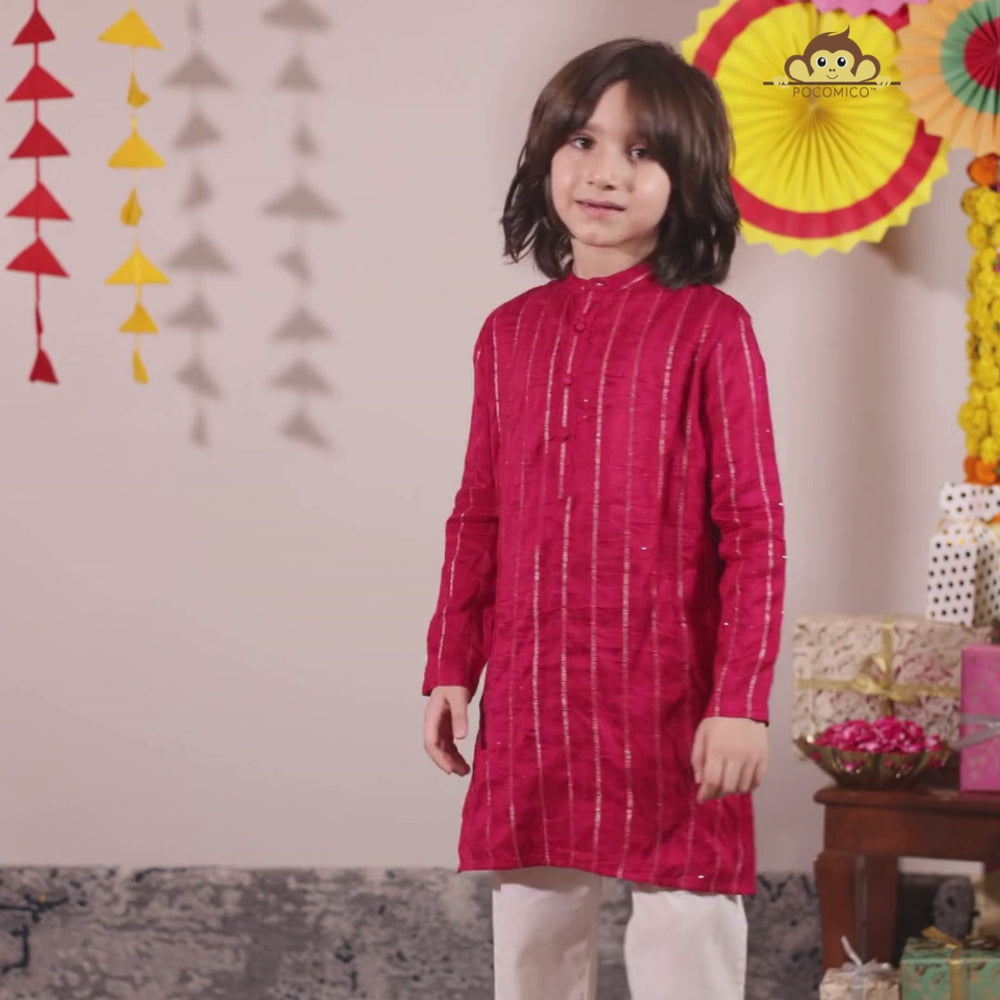 
                  
                    Load and play video in Gallery viewer, chanderi+cotton+red+pink+kurta+pajama+indian+kids+wedding_ethnic+diwali+soft+cotton+formal+kids+boy+pocomico
                  
                