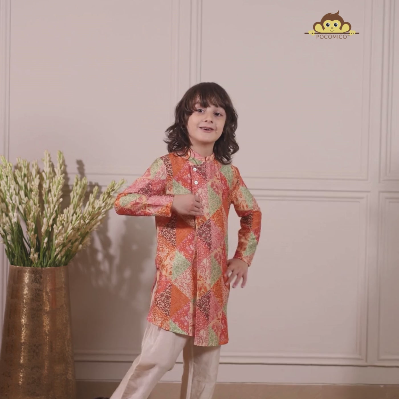 The kurta showcases an asymmetrical front with all-over tie-up detailing, giving it a unique, festive edge rooted in tradition.