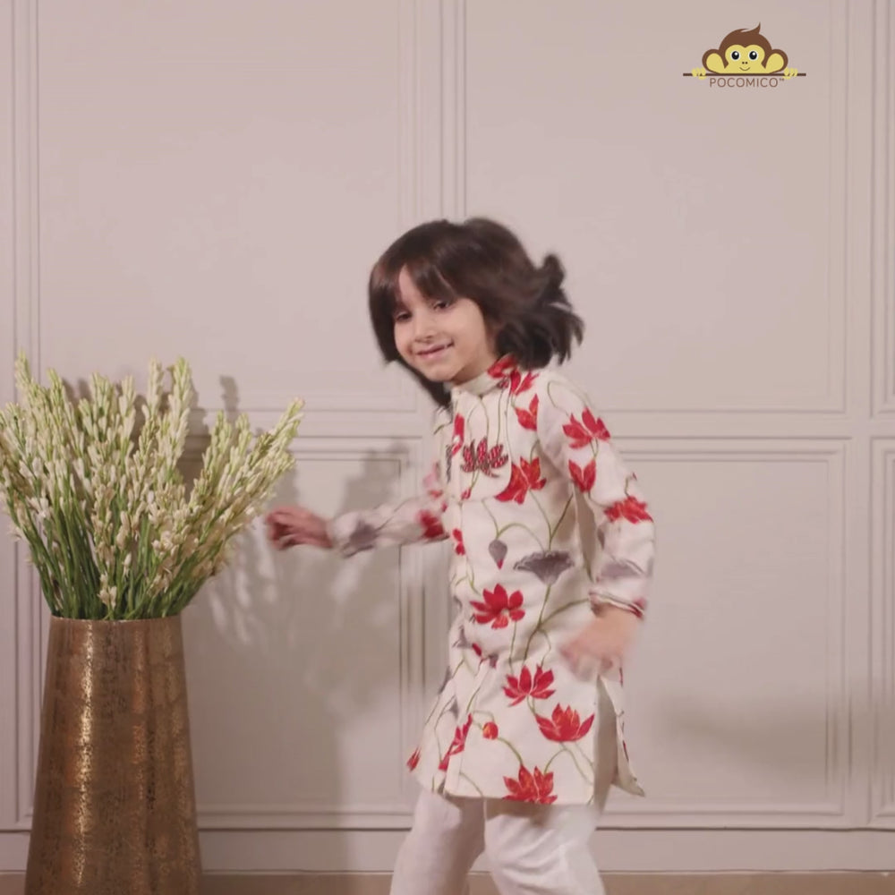 
                  
                    Load and play video in Gallery viewer, floral-kurta-pajama-red-ivory-bead work-kids-boys-pocomico
                  
                