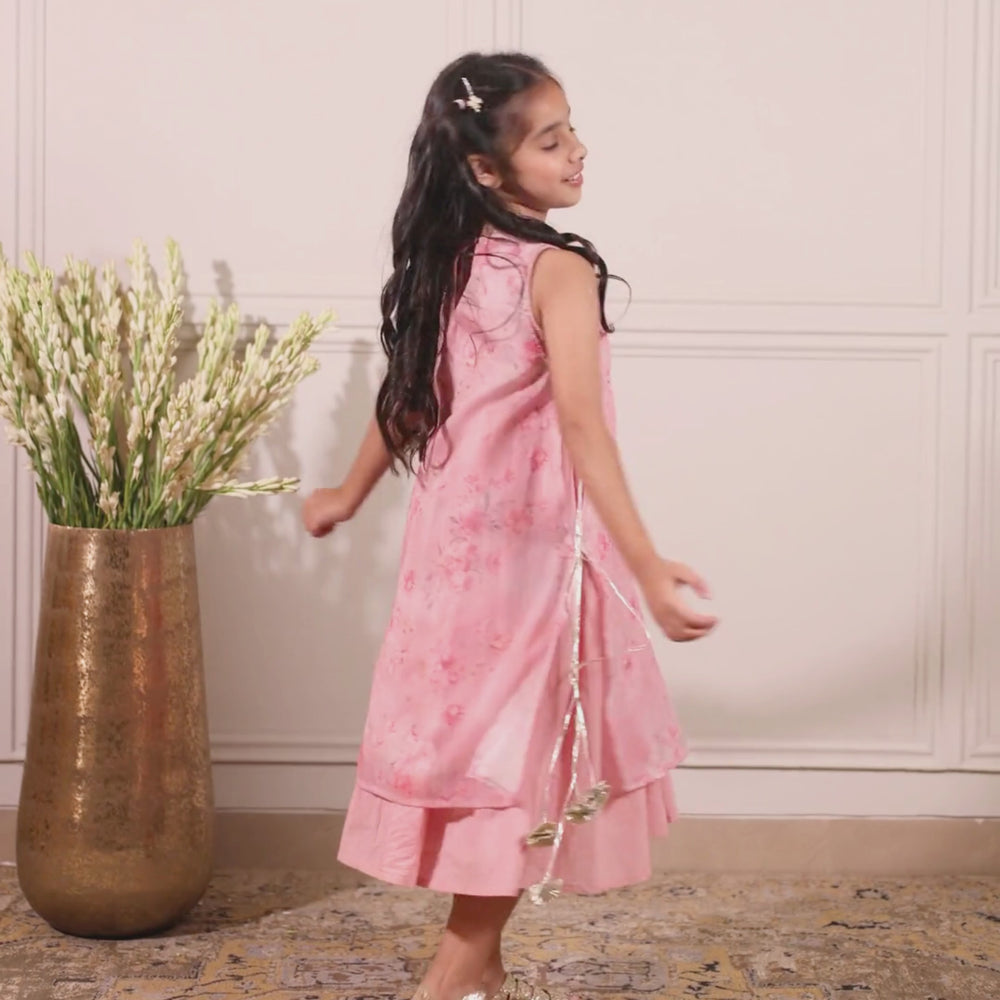 
                  
                    Load and play video in Gallery viewer,  Delicate+rose+pink+layered+dress+girls+floral print+tassel+tie-ups+flowyA+silhouette+festive+whimsical+occasions+pocomico
                  
                