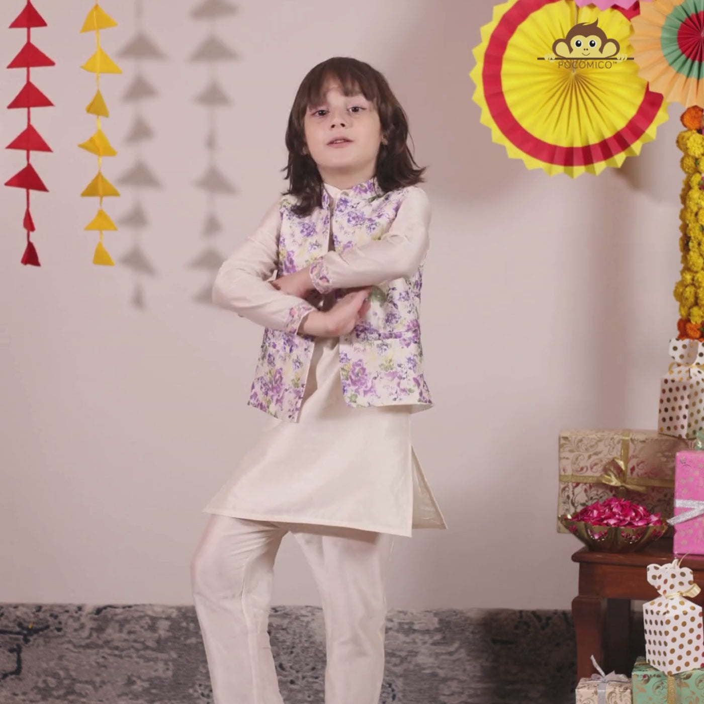 Elegant and festive, ivory chanderi kurta set for boys features delicate digital prints paired with matching embroidery on the sleeves
