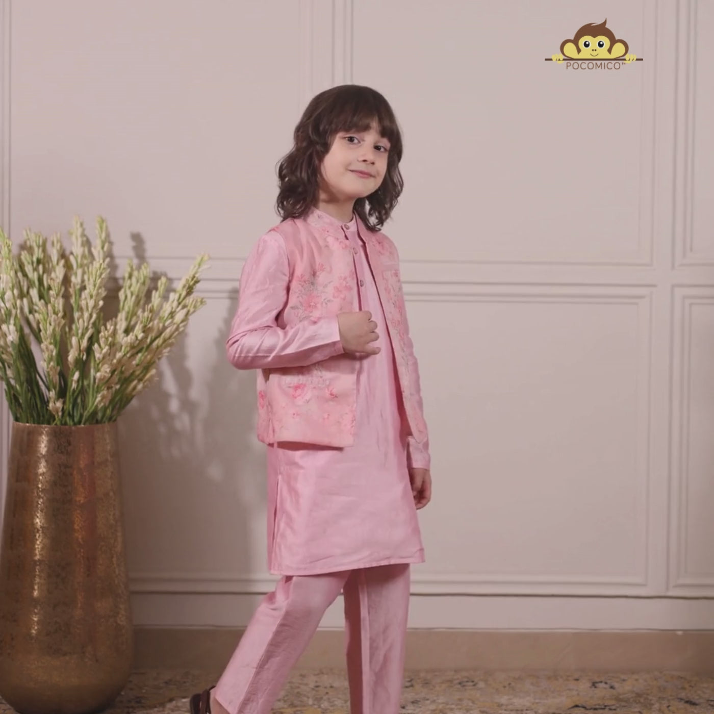  Gulbahaar set + festive + tradition + + pastel + pink + chanderi + kurta + pajama + jacket + embroidered + Nehru + jacket + floral design + ethnic + Indian + boy + POCOMICO 