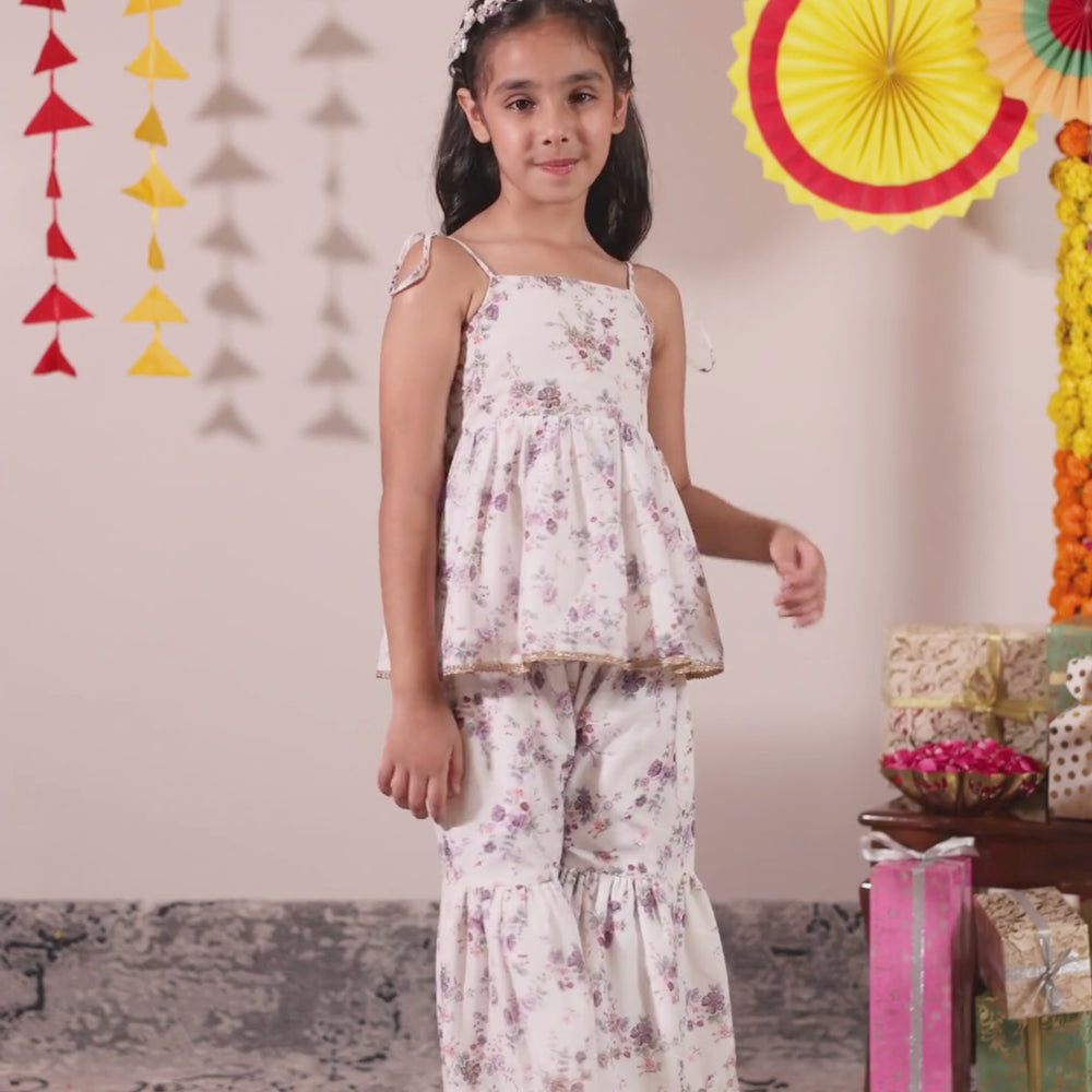 
                  
                    Load and play video in Gallery viewer, Floral sharara set for girls, printed lavender flower pattern, airy, comfy and east to wear. pocomico kids wear
                  
                