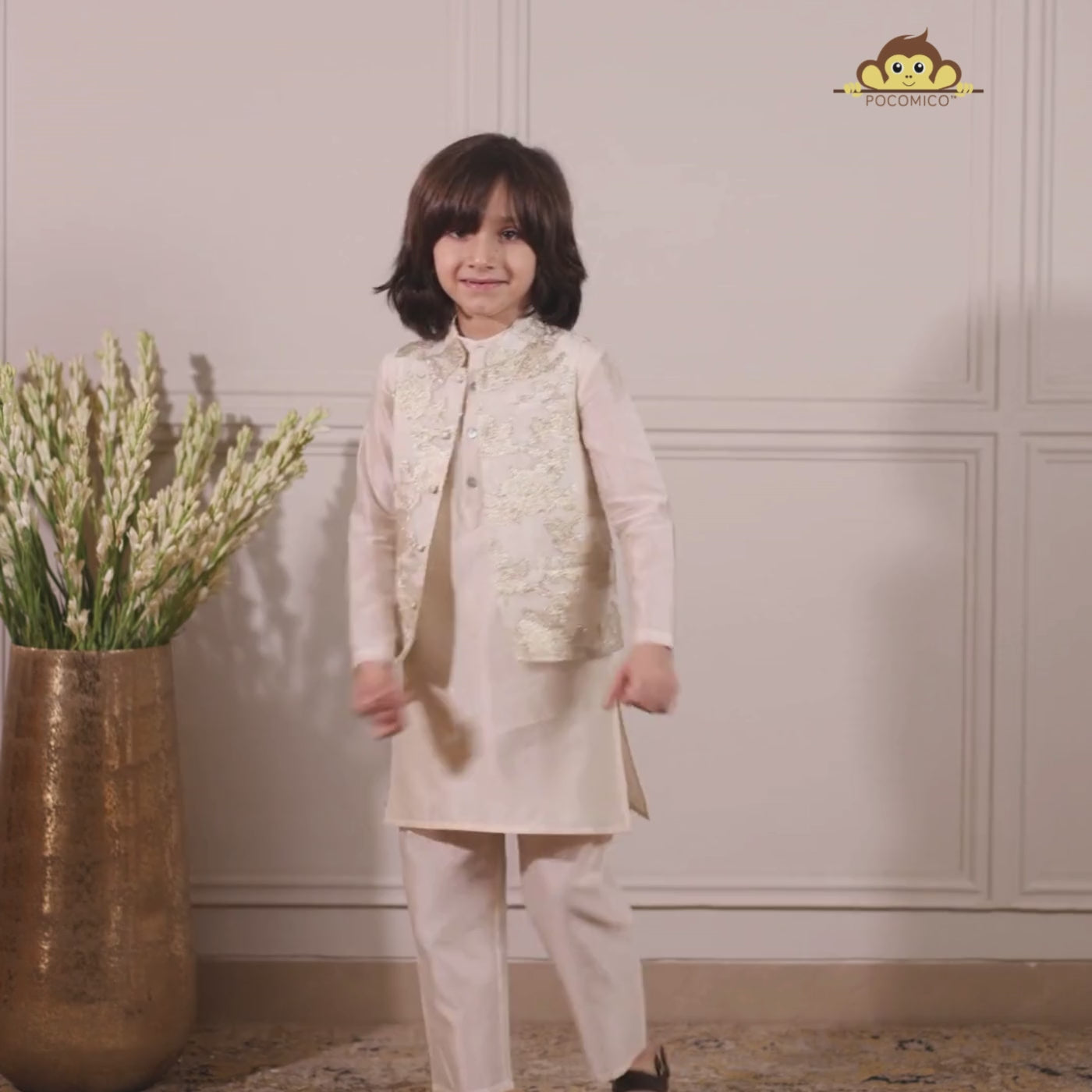 Crafted in solid chanderi fabric, the kurta and trousers are lightweight and festive-ready, lined with 100% BCI-certified cotton for extra comfort. The highlight of this look is the jacquard Nehru jacket