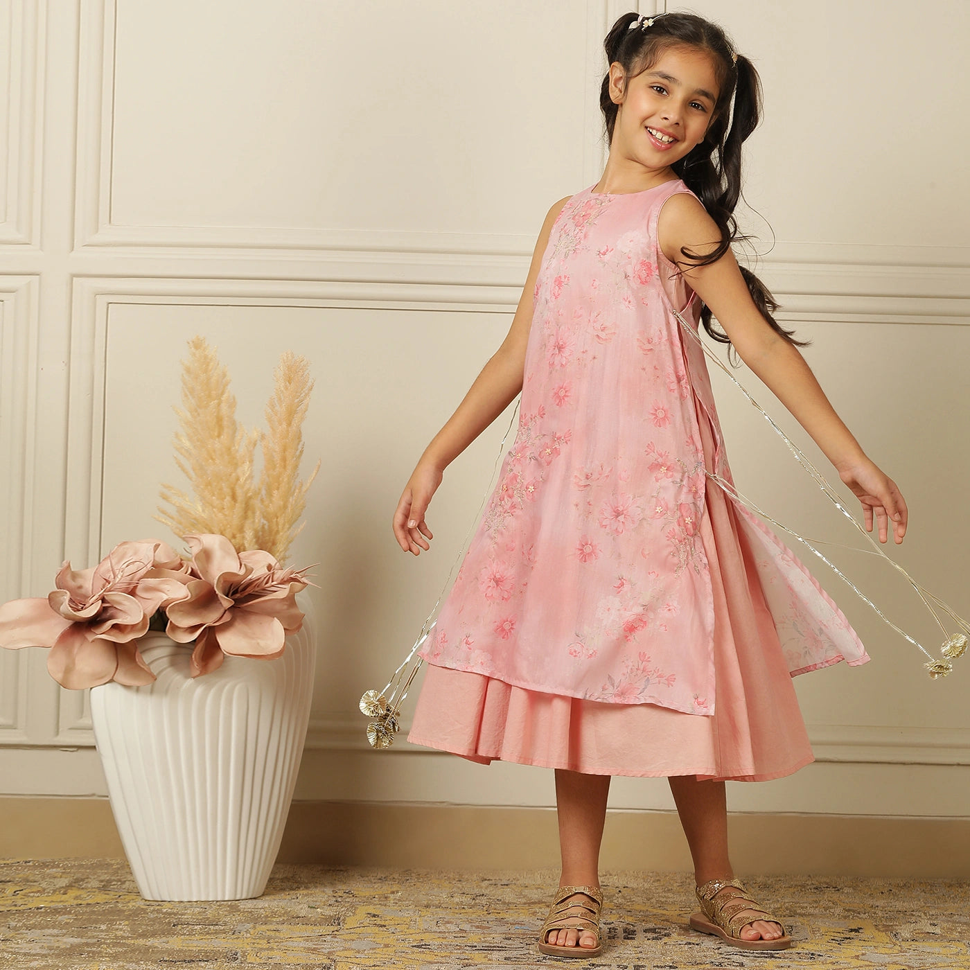  Delicate+rose+pink+layered+dress+girls+floral print+tassel+tie-ups+flowyA+silhouette+festive+whimsical+occasions+pocomico