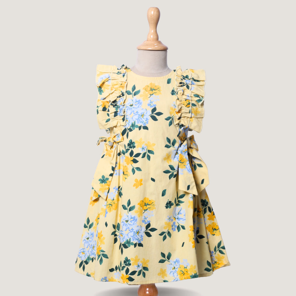 floral + flower + dress + yellow + bow + ruffle + cotton + leave + blue + kid + child + girl + formal + casual + birthday + party + POCOMICO