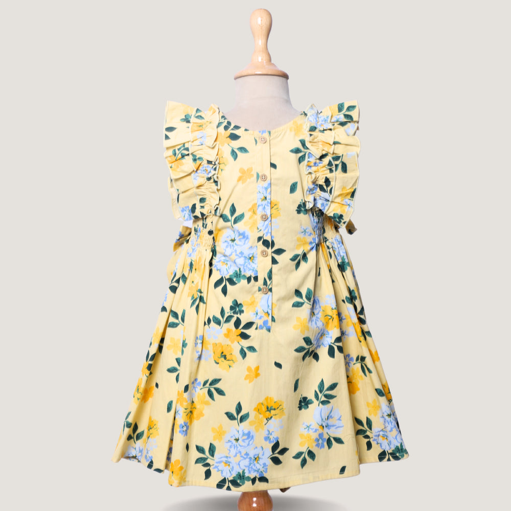 
                  
                    floral + flower + dress + yellow + bow + ruffle + cotton + leave + blue + kid + child + girl + formal + casual + birthday + party + POCOMICO
                  
                