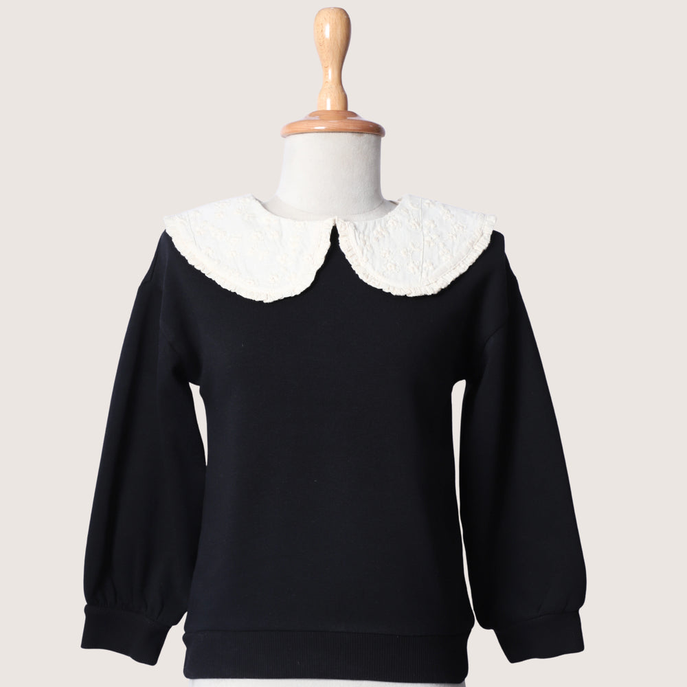 black-pullover-sweatshirt-peter pan collar-lace-warm-fleece-winter-formal-girl-kids-pocomico