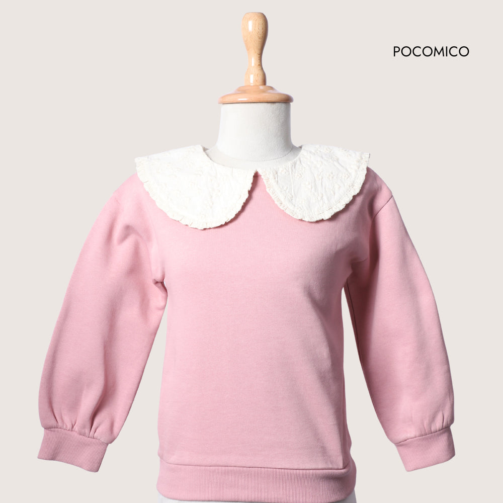 -dark pink-pullover-sweatshirt-girl-winter-peter pan collar-lace-pocomico
